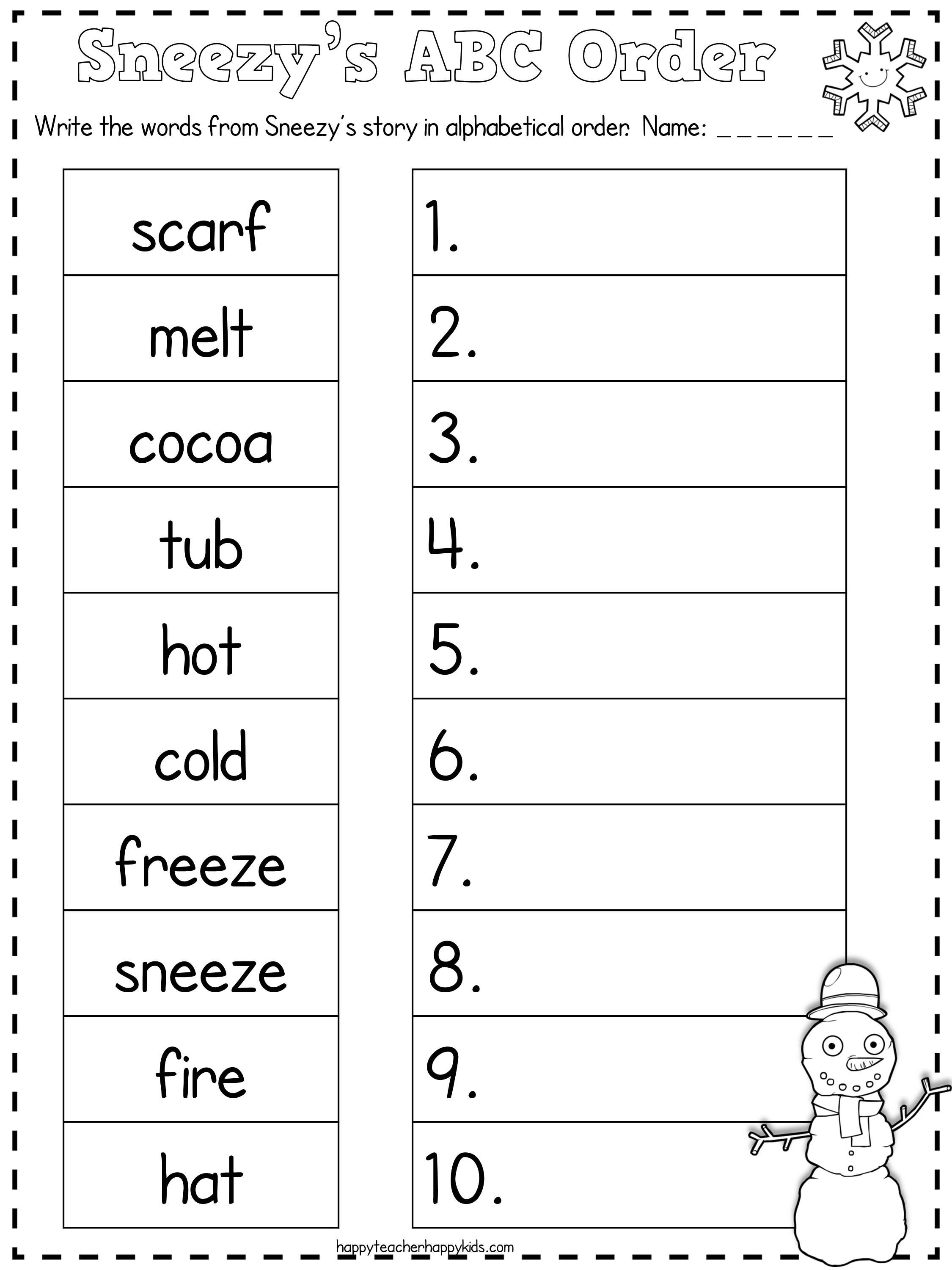 Free Sneezy The Snowman Abc Order &amp;amp; Math Secret Code Activities | Printable Abc Order Worksheets
