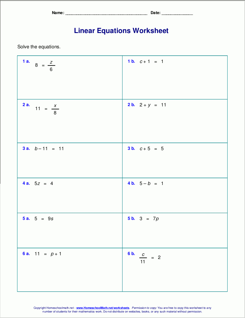 Free Worksheets For Linear Equations (Grades 6-9, Pre-Algebra | 9Th Grade Algebra Worksheets Free Printable