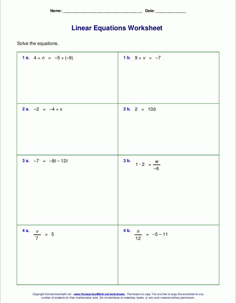 Free Worksheets For Linear Equations (Grades 6-9, Pre-Algebra | Free Printable Pre Algebra Worksheets