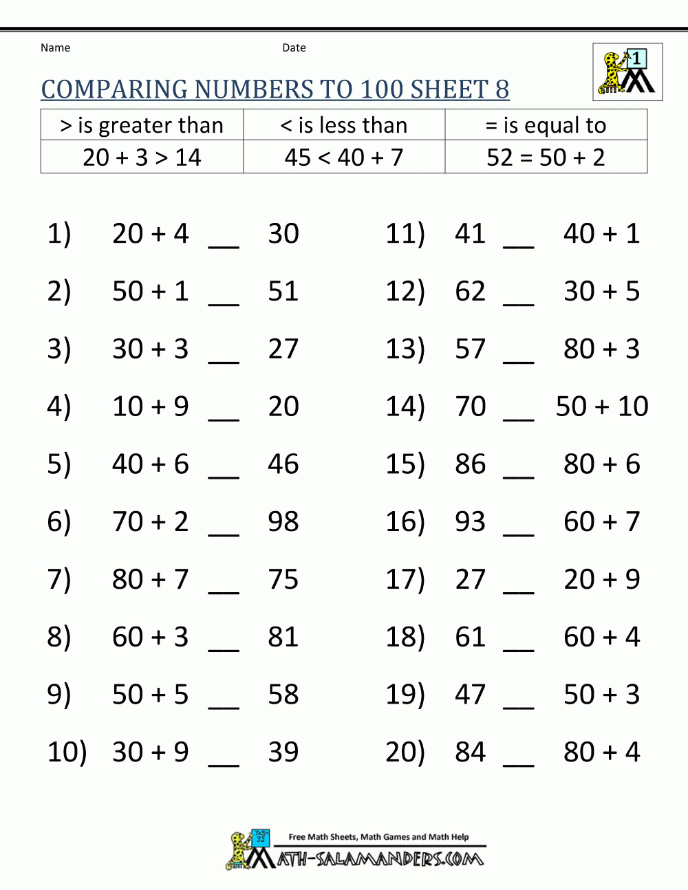 Greater Than Less Than Worksheet - Comparing Numbers To 100 | Free Printable Worksheets For 1St Grade