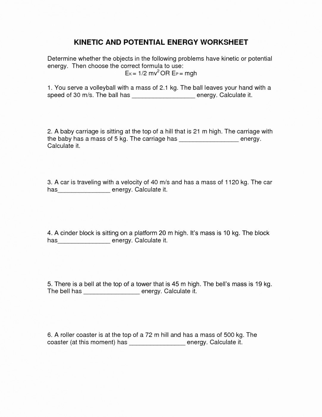 Kinetic And Potential Energy Worksheet Answers | Lostranquillos | Free Printable Worksheets On Potential And Kinetic Energy