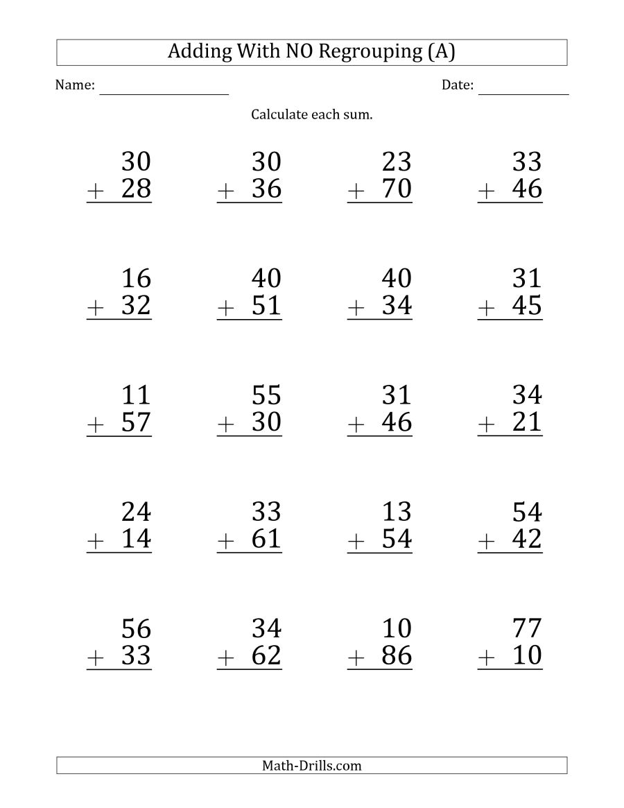 Large Print 2-Digit Plus 2-Digit Addition With No Regrouping (A) | Printable 2 Digit Addition Worksheets