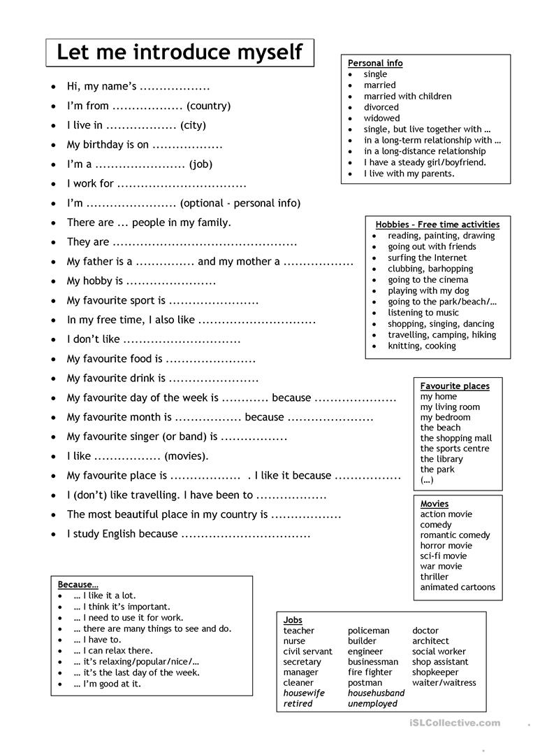 Let Me Introduce Myself (For Adults) Worksheet - Free Esl Printable | Printable Worksheets Esl Students