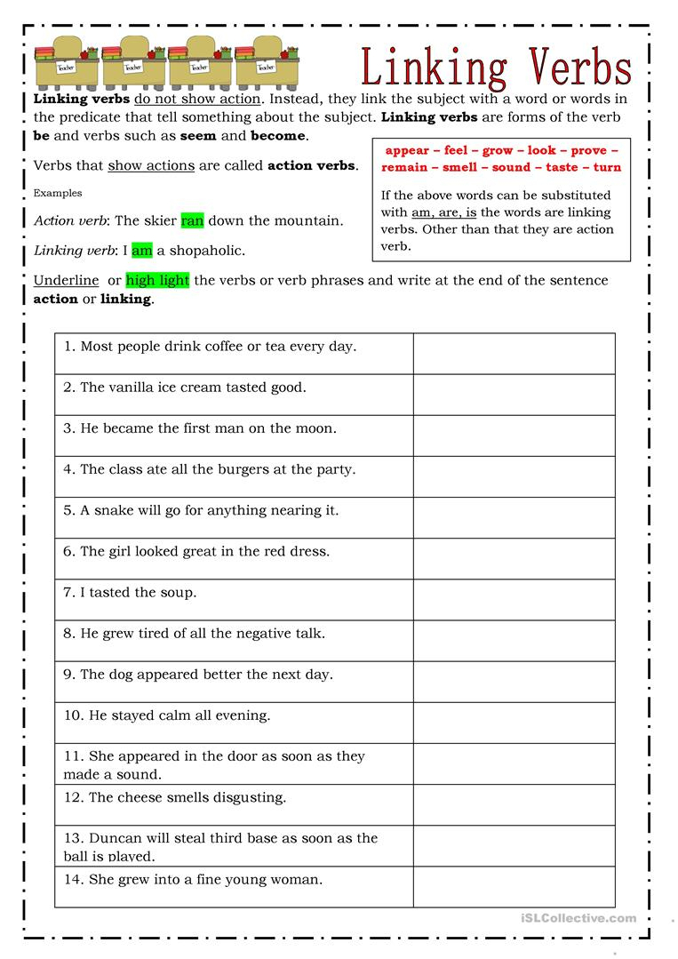 Linking Verbs Worksheet - Free Esl Printable Worksheets Madeteachers | Advanced Esl Grammar Printable Worksheets