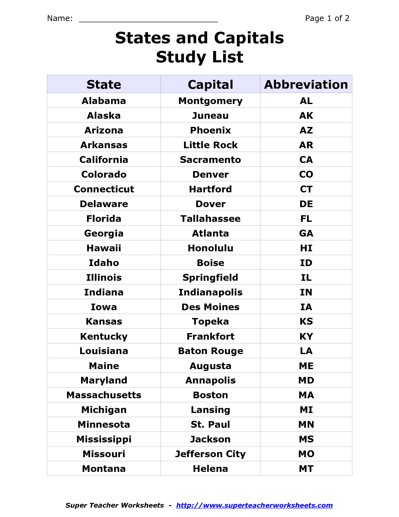 List Of States And Capitals And Abbreviations - Google Search | Us States And Capitals Printable Worksheets