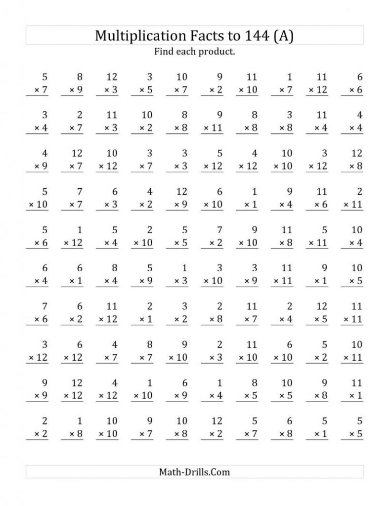 math multiplication facts to 144 no zeros a multiplication basic