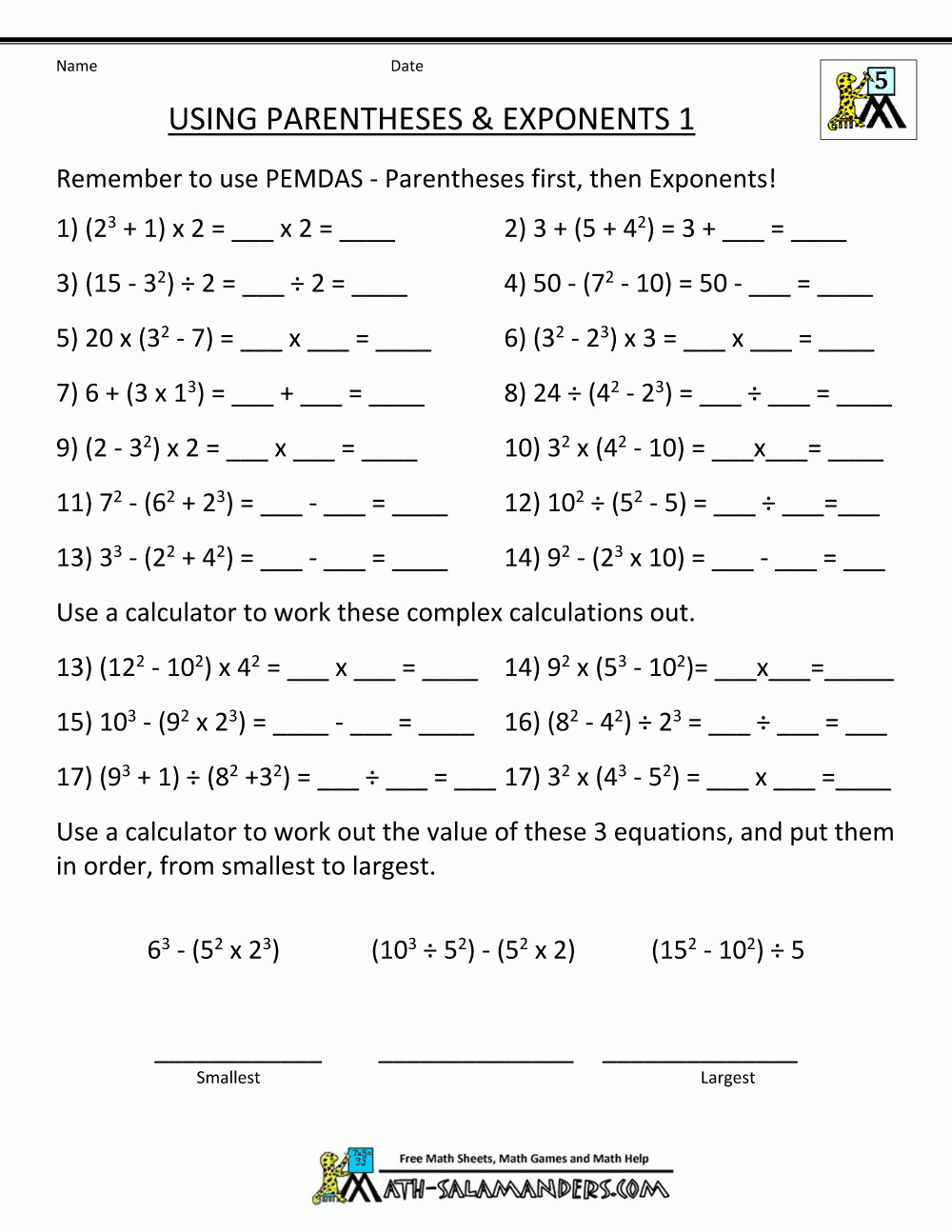 Math Worksheets 5Th Grade Complex Calculations | Free Printable Exponent Worksheets