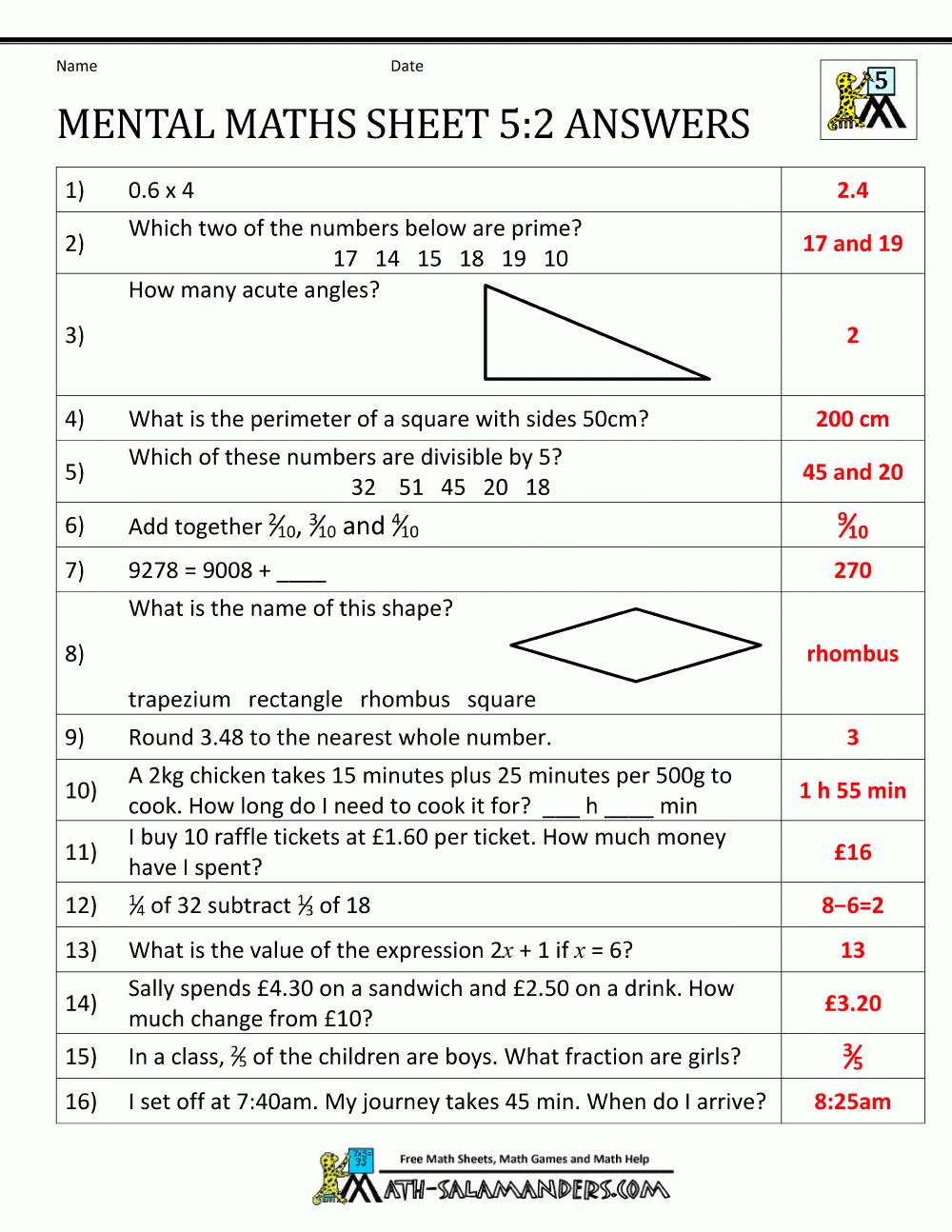 Mental Maths Practise Year 5 Worksheets | Math Test Printable Worksheets