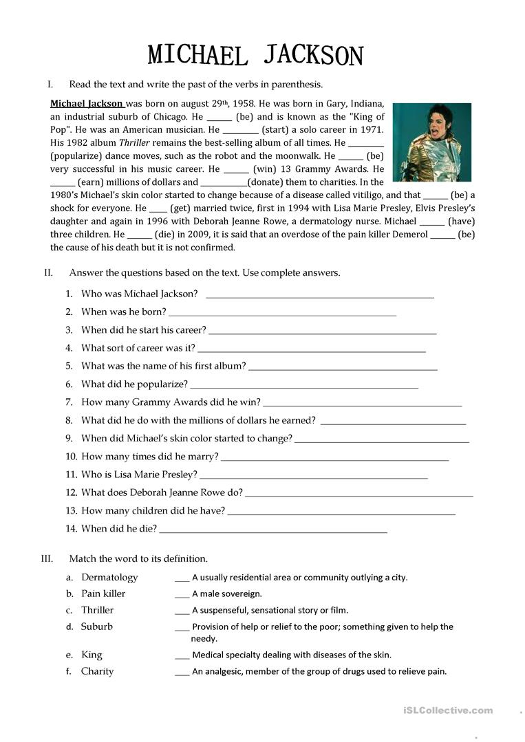 Michael Jackson Biography Worksheet - Free Esl Printable Worksheets | Printable Biography Worksheets
