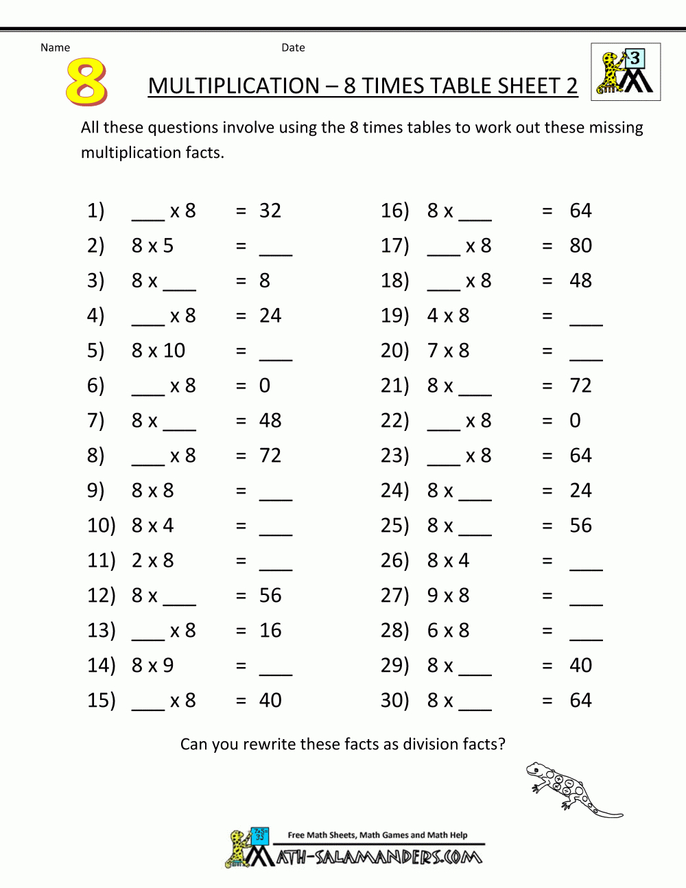 Multiplication Printable Worksheets 8 Times Table 2 | Kids Math | 3Rd Grade Printable Worksheets