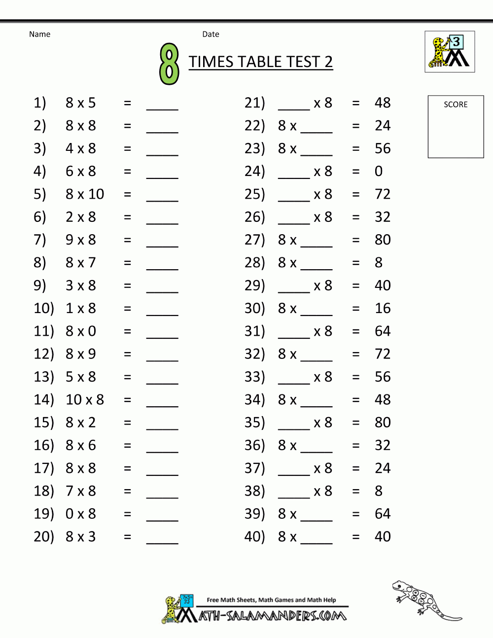 Multiplication Printable Worksheets 8 Times Table Test 2 | 9 Times Table Worksheet Printable