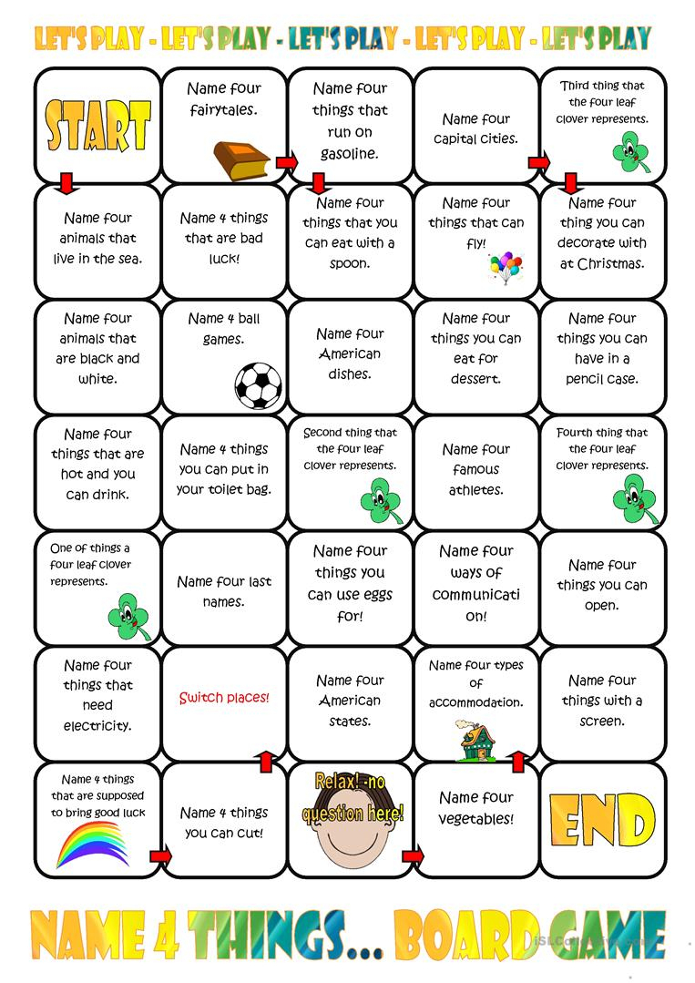 Name Four Things Board Game Worksheet - Free Esl Printable | Printable Barrier Games Worksheets
