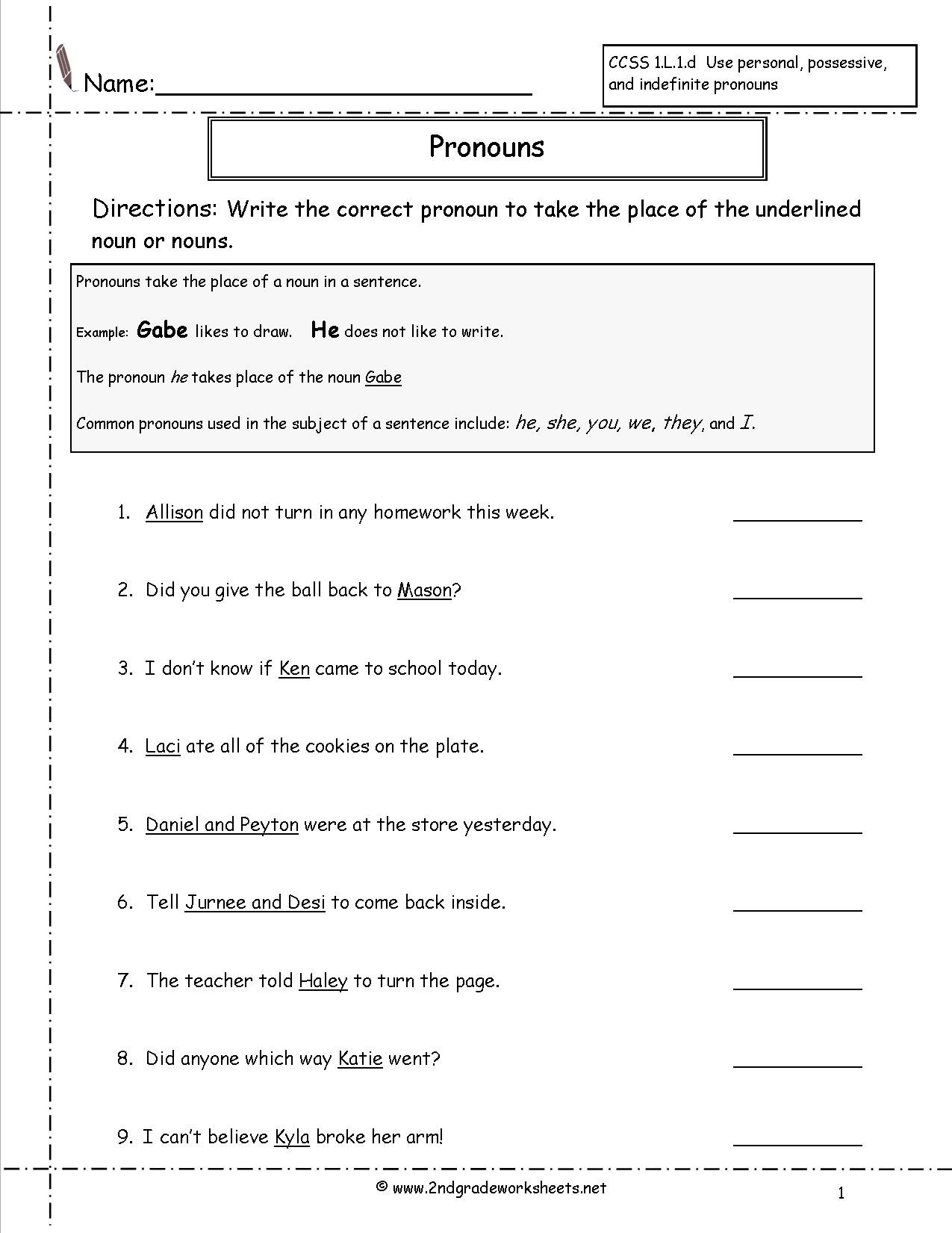 Nouns Worksheets And Printouts - Free Printable Pronoun Worksheets | Free Printable Pronoun Worksheets For 2Nd Grade