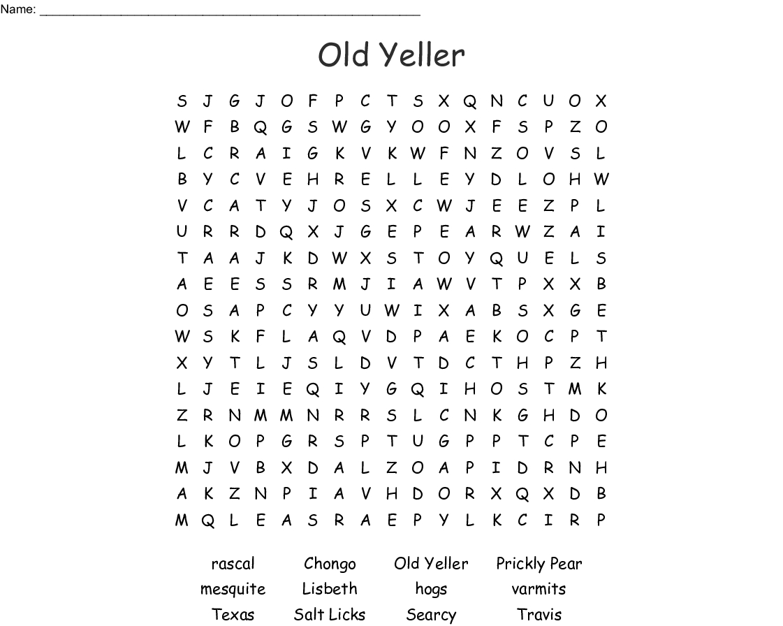 Old Yeller Word Search - Wordmint | Old Yeller Printable Worksheets