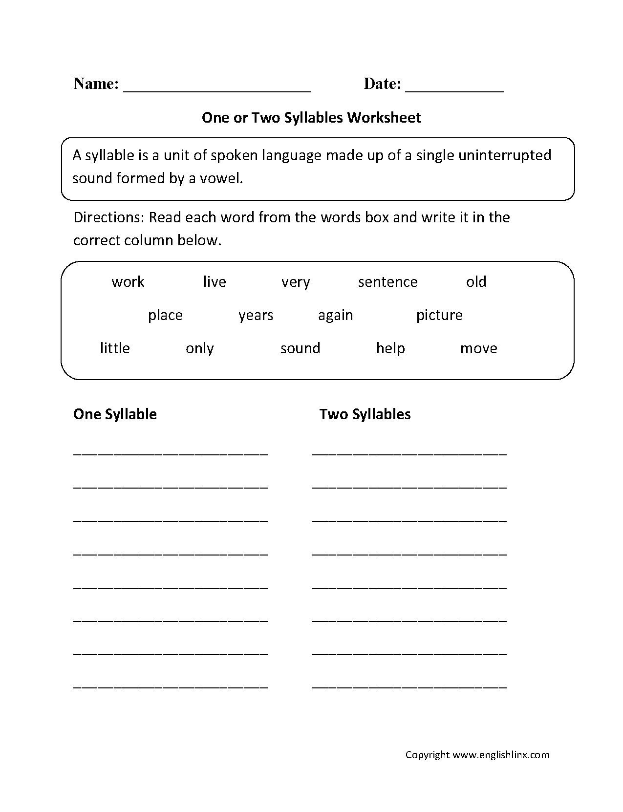 syllable worksheet kindergarten printable