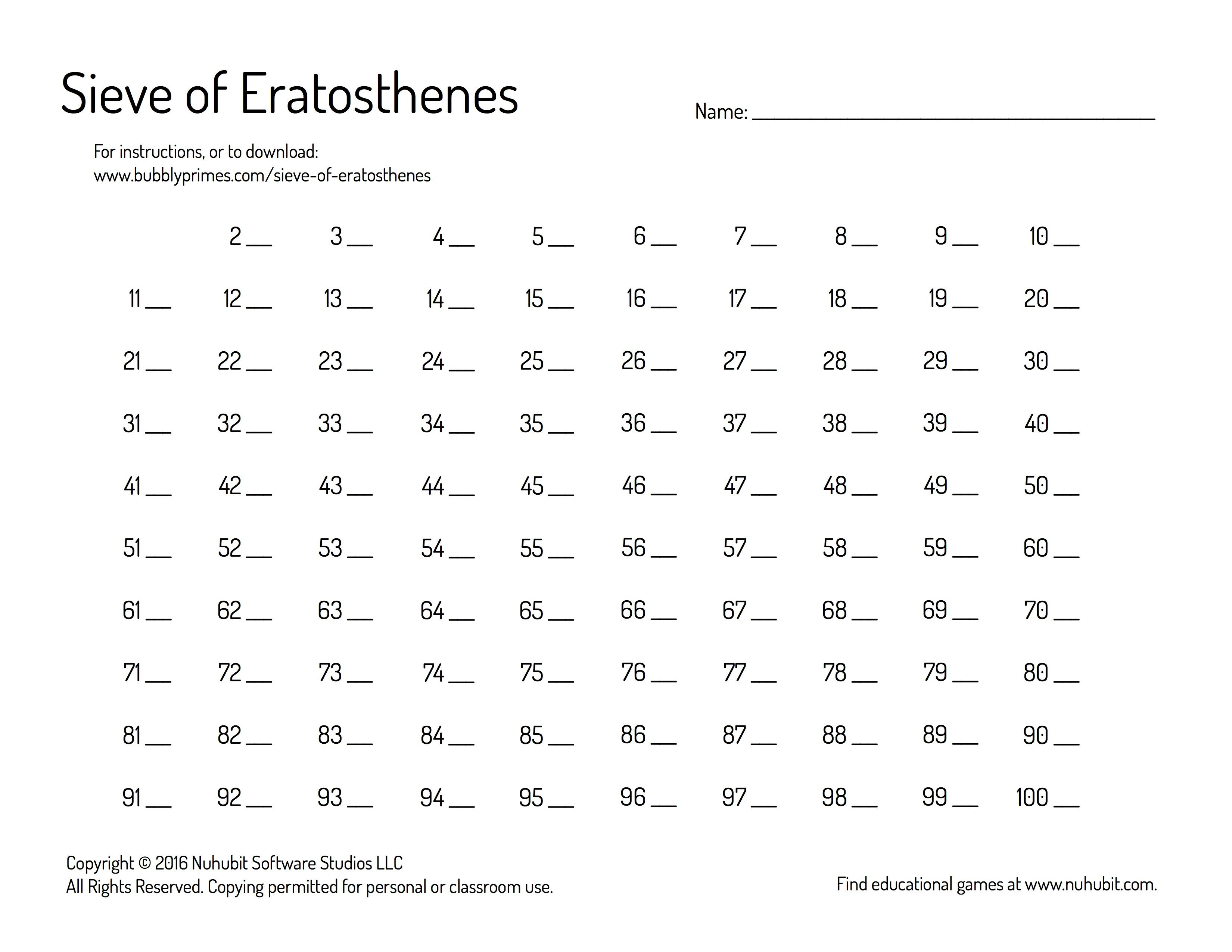 Pinbubbly Primes On Bubbly Primes | Fractions Worksheets | Sieve Of Eratosthenes Worksheet Printable
