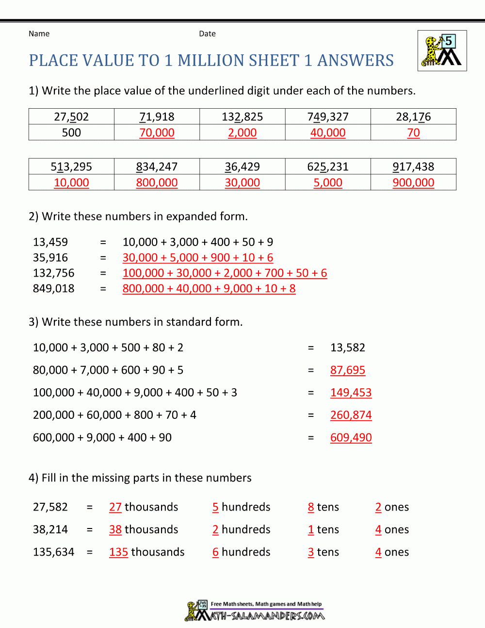 Place Value Worksheet - Up To 10 Million | Printable Place Value Worksheets 5Th Grade