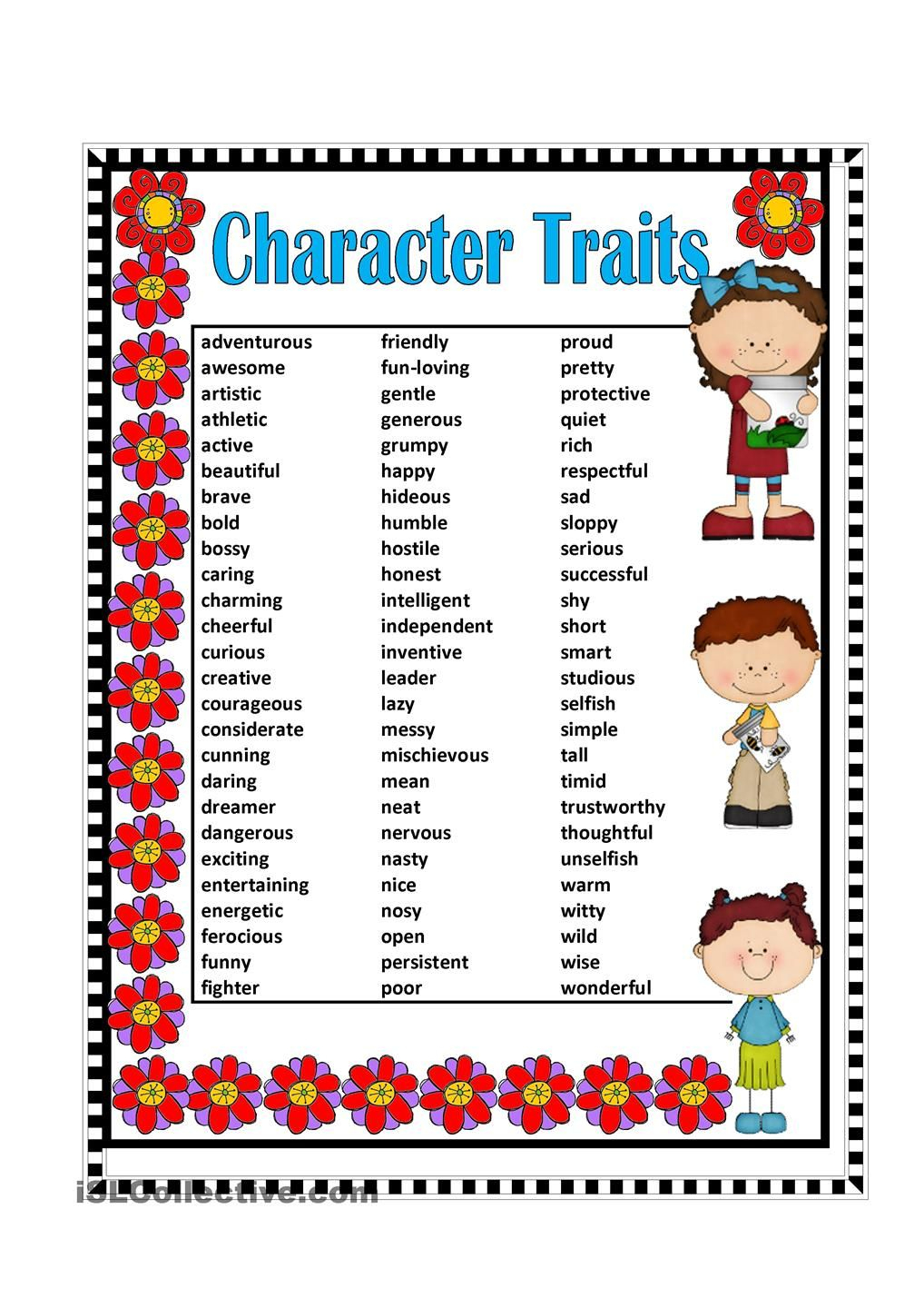 Posters Character Traits Adjectives - Google Search | Poster | Printable Character Traits Worksheets