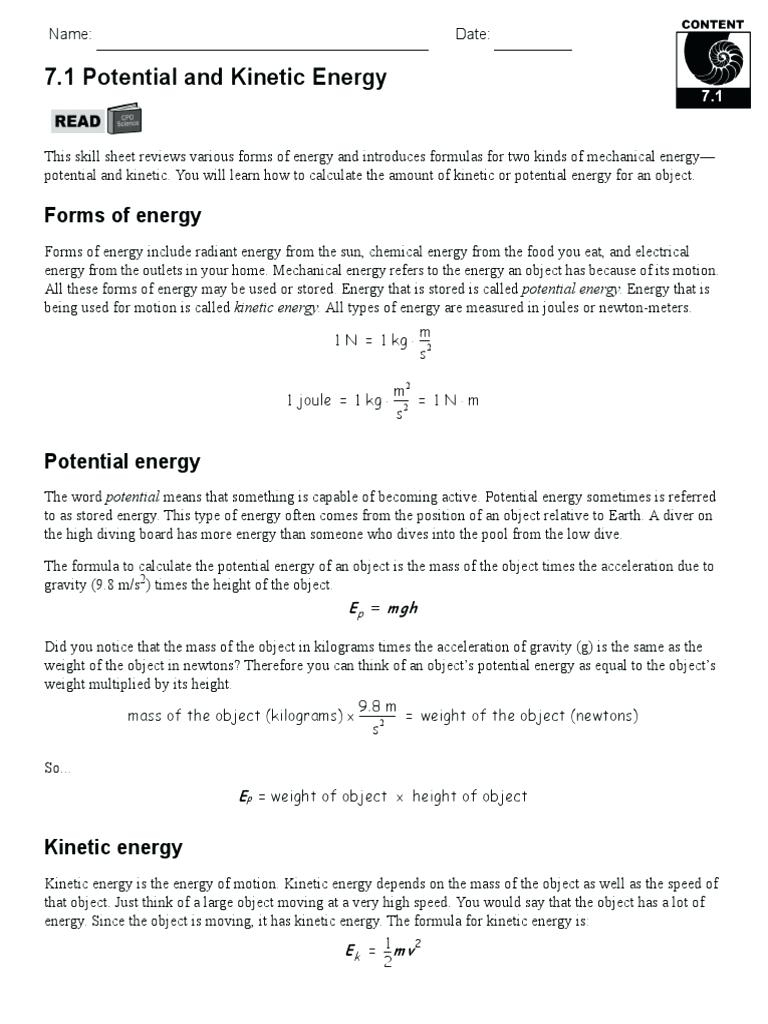Potential Vs Kinetic Energy Worksheet Worksheets - Classy World | Free Printable Worksheets On Potential And Kinetic Energy