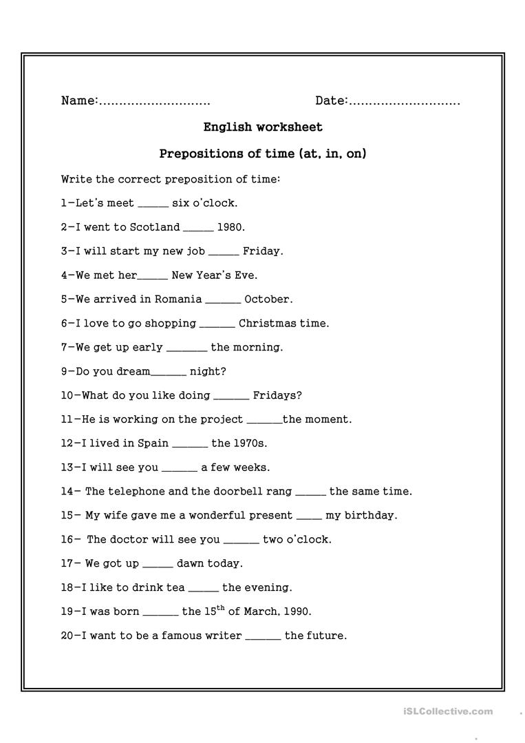 Prepositions Of Time ( On , In , At) Worksheet - Free Esl Printable | Free Printable Worksheets For Prepositions