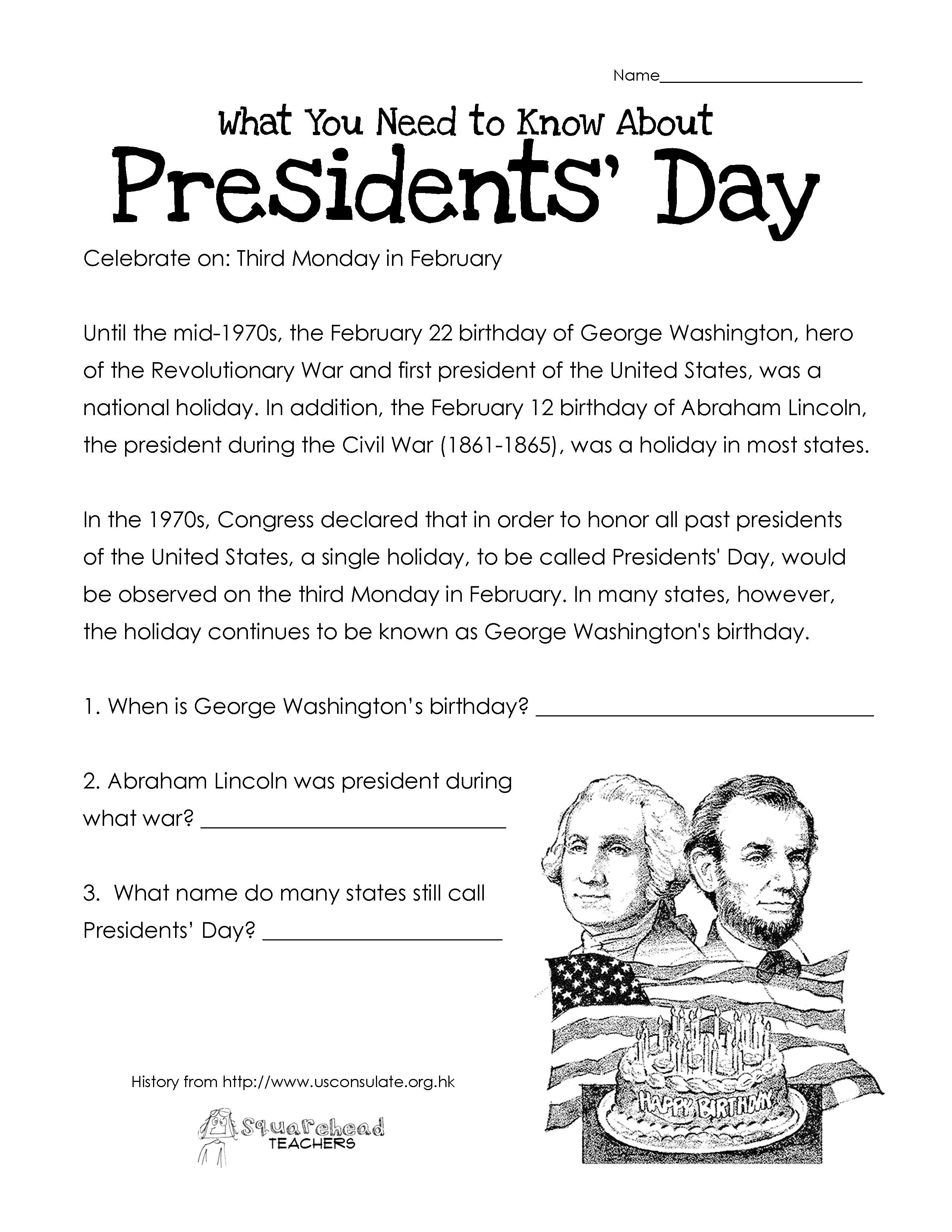Presidents&amp;#039; Day (Free Worksheet) Updated | Squarehead Teachers | Free Printable Presidents Day Worksheets