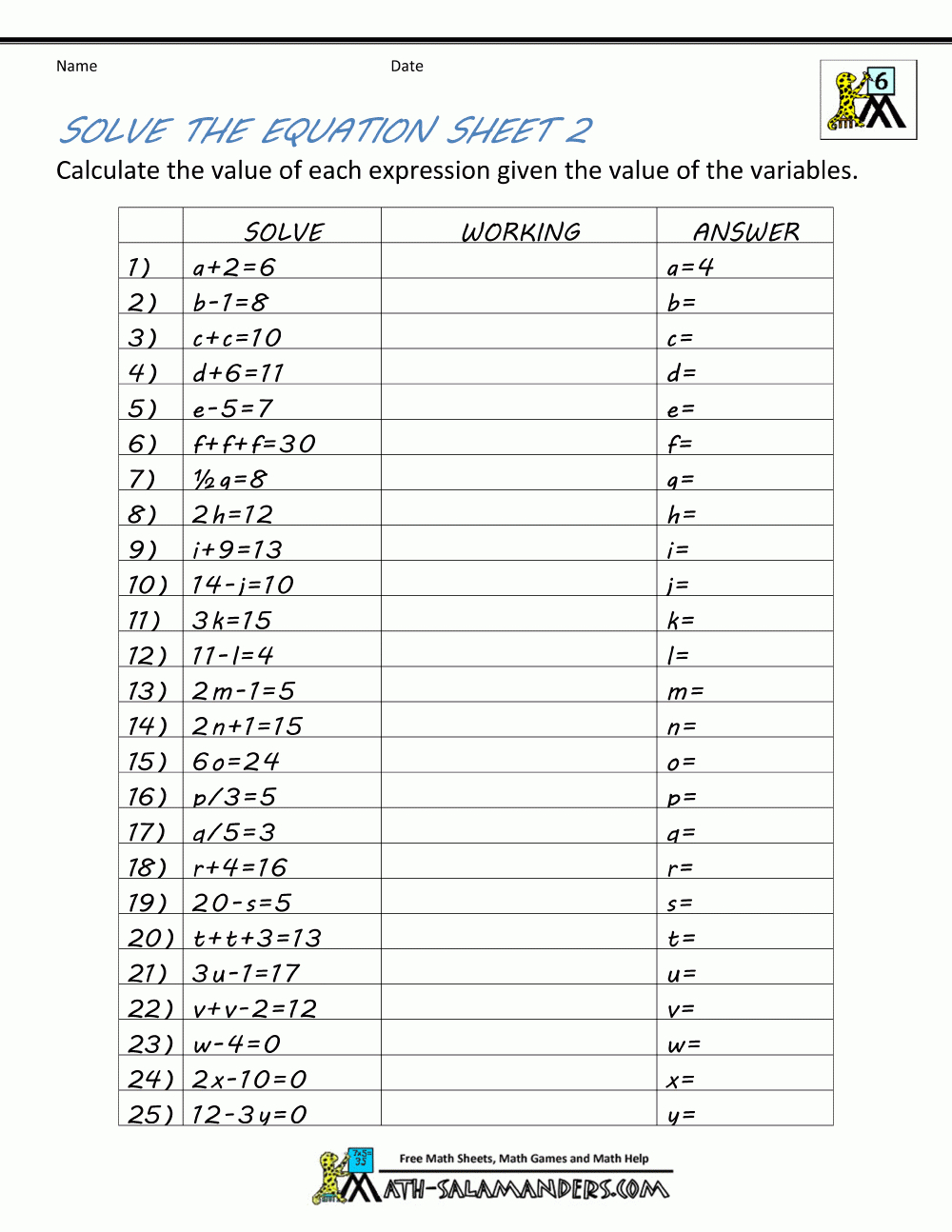 Printable Algebra Worksheet Solve The Equation 2 | Homeschool Math | Printable Equation Worksheets