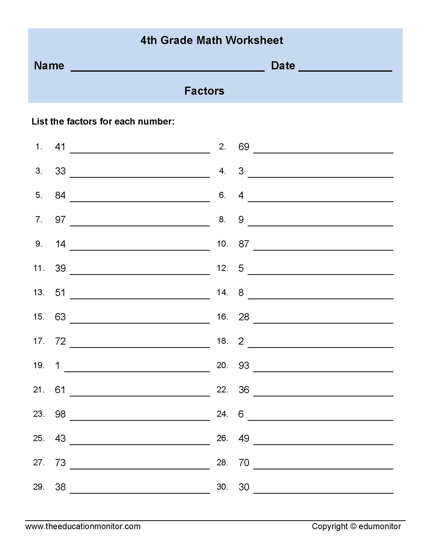 Printable Factors And Multiples Worksheets 4Th Grade | Printable School Worksheets For 4Th Graders