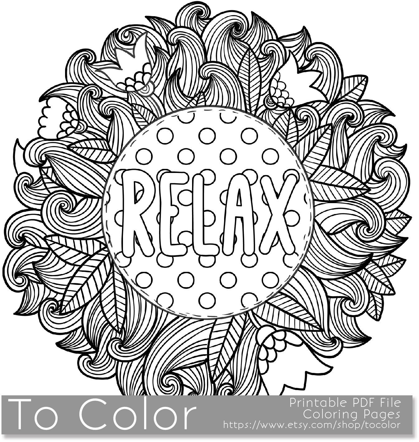 Printable Relax Coloring Page For Adults, Pdf / Jpg, Instant | Colouring Worksheets Printable Pdf