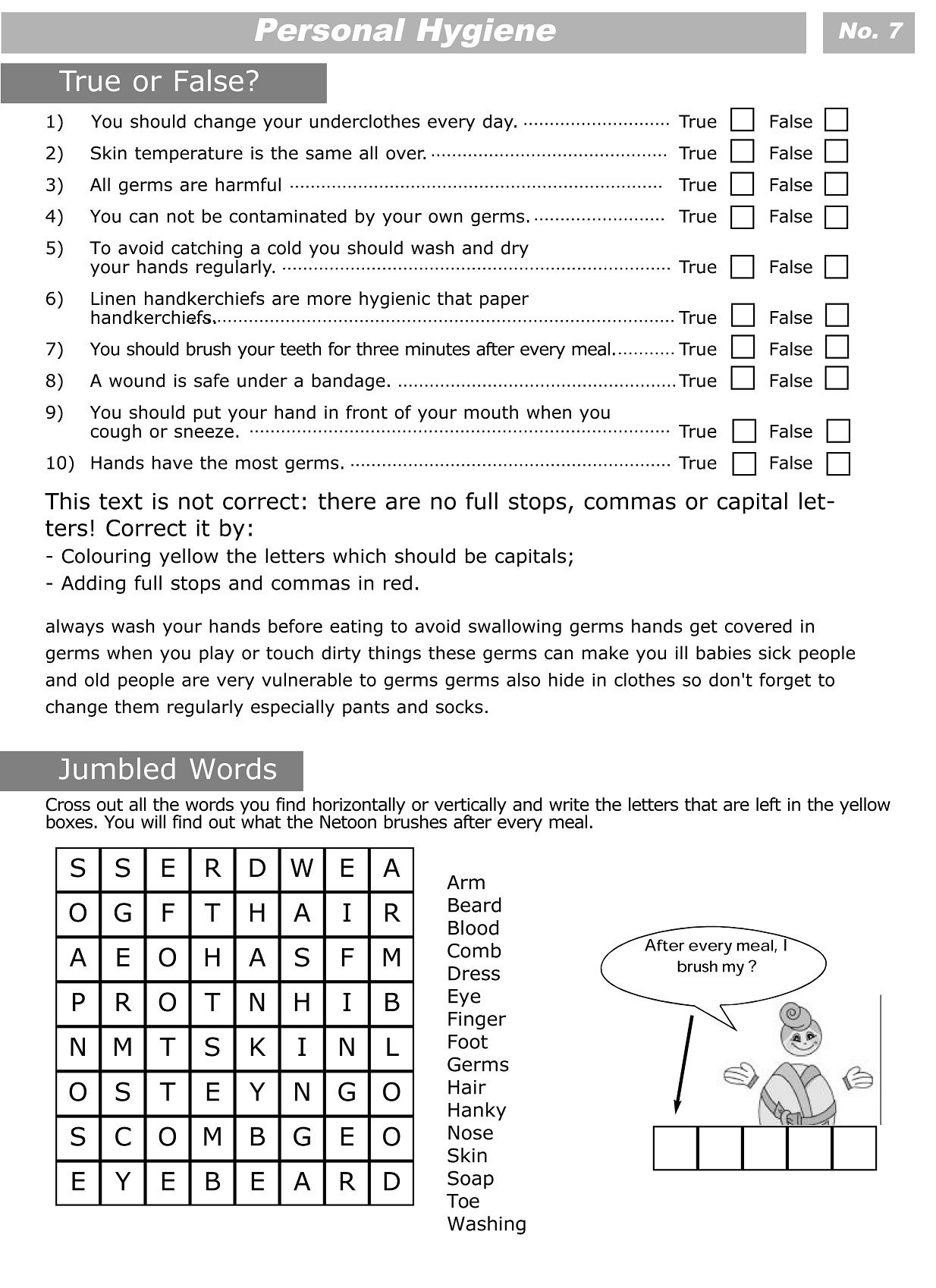 Printable Worksheets For Personal Hygiene | Personal Hygiene - Free | Middle School Printable Worksheets