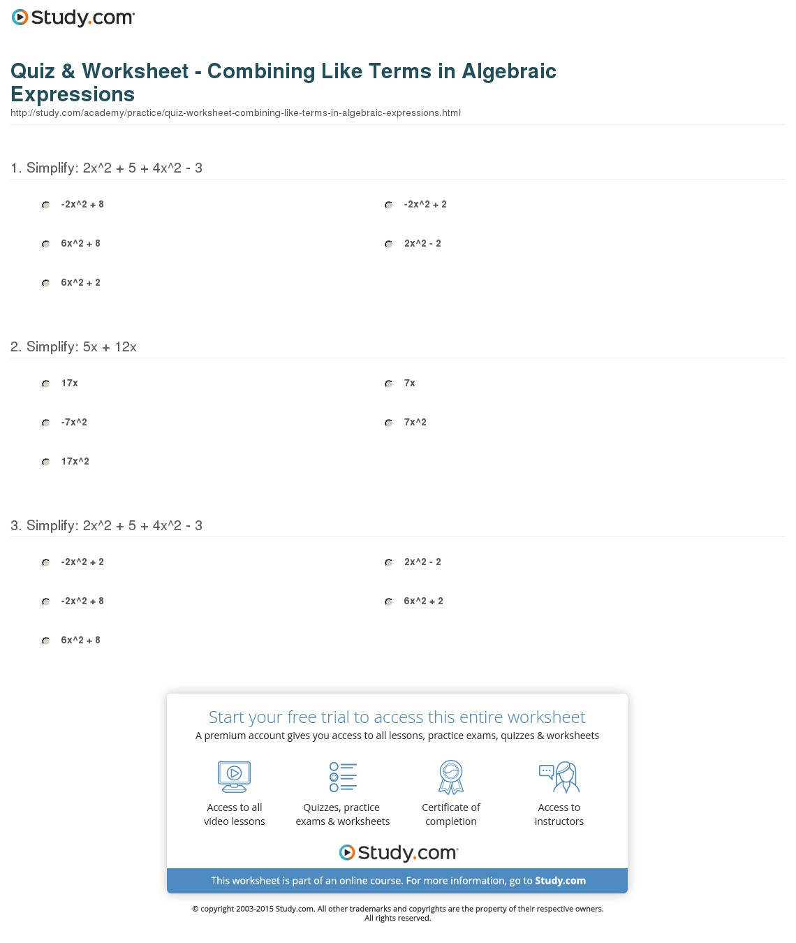 Quiz &amp;amp; Worksheet - Combining Like Terms In Algebraic Expressions | Combining Like Terms Printable Worksheets