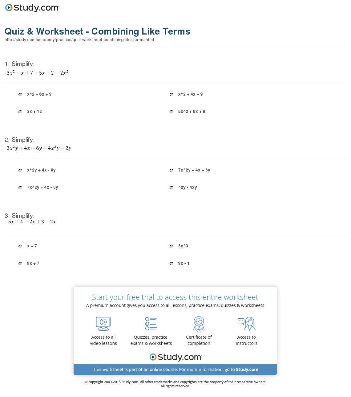 Quiz &amp;amp; Worksheet - Combining Like Terms | Study | Combining Like Terms Printable Worksheets