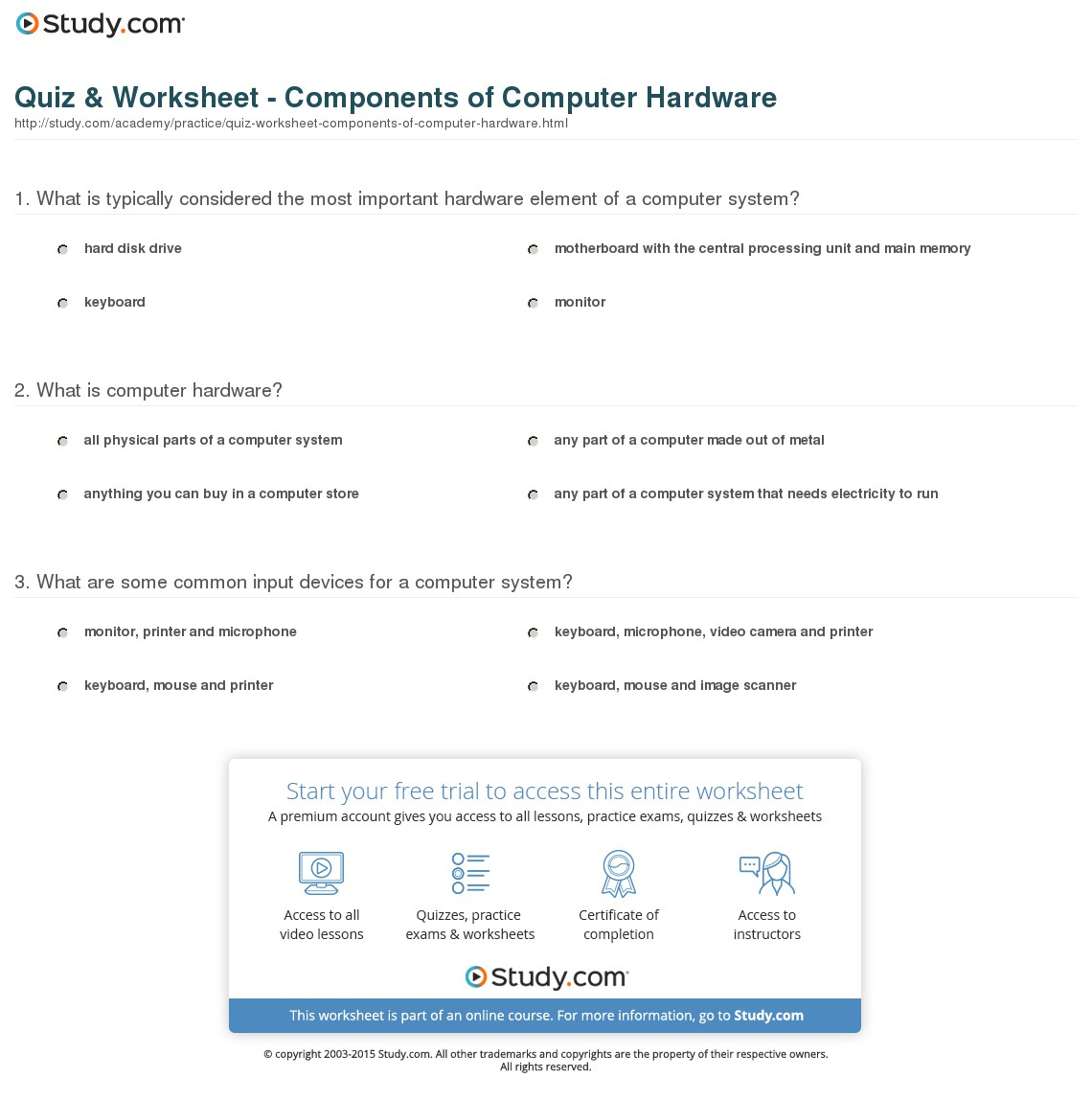 Quiz &amp;amp; Worksheet - Components Of Computer Hardware | Study | Parts Of A Computer Worksheet Printable