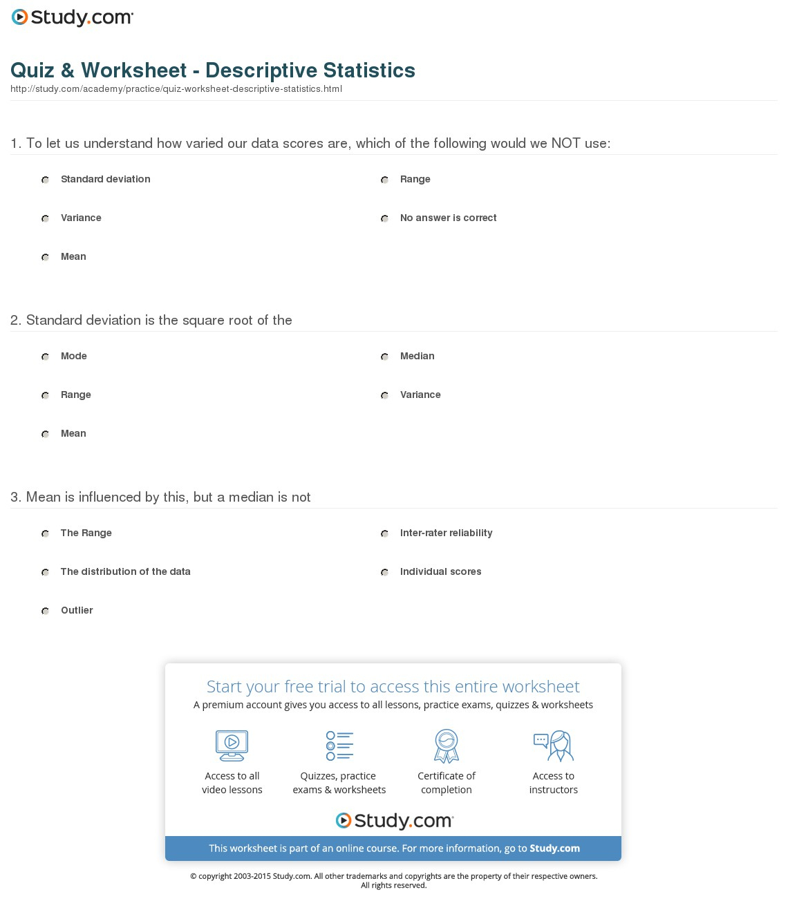 Quiz &amp;amp; Worksheet - Descriptive Statistics | Study | Free Printable Statistics Worksheets