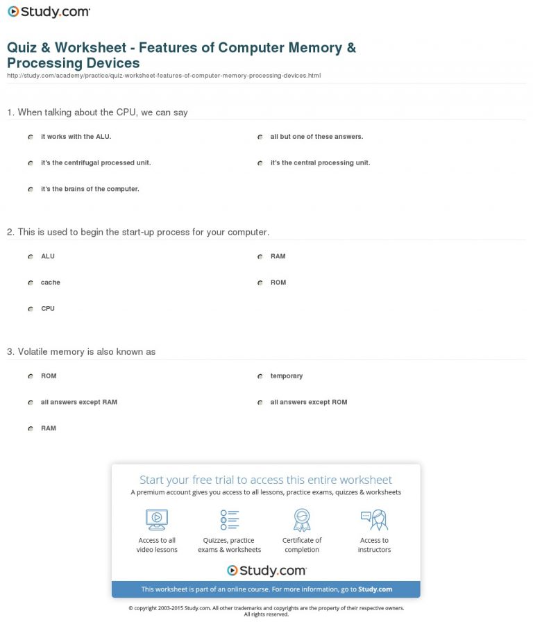 Quiz & Worksheet - Features Of Computer Memory & Processing Devices ...