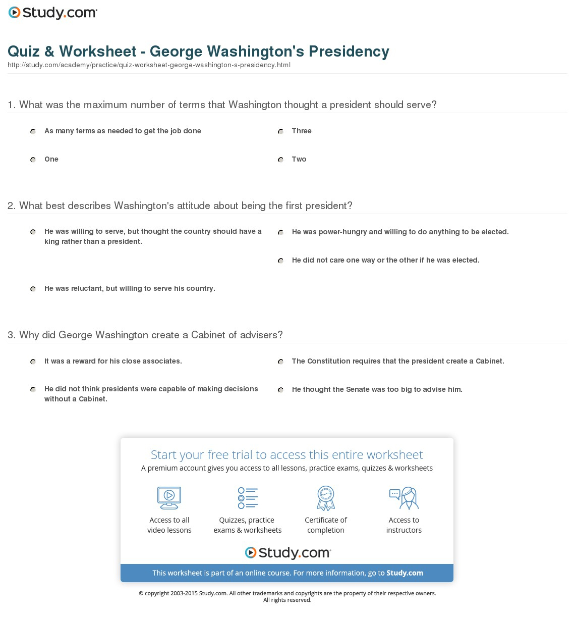 Quiz Worksheet George Washington s Presidency Study George