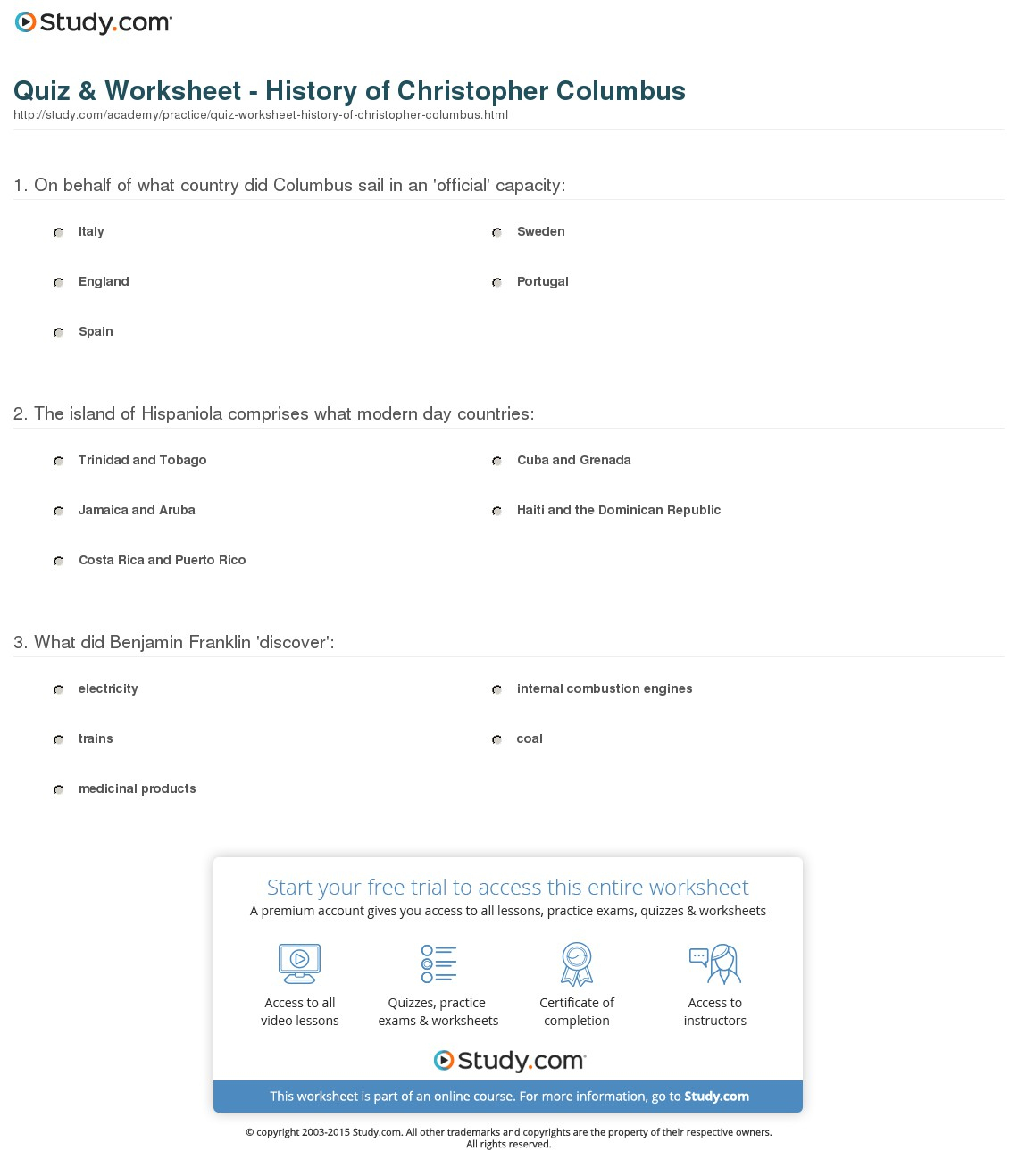 Quiz &amp;amp; Worksheet - History Of Christopher Columbus | Study | Christopher Columbus Printable Worksheets