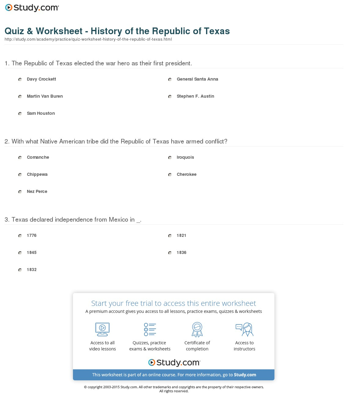 Quiz &amp;amp; Worksheet - History Of The Republic Of Texas | Study | Texas History Worksheets Printable