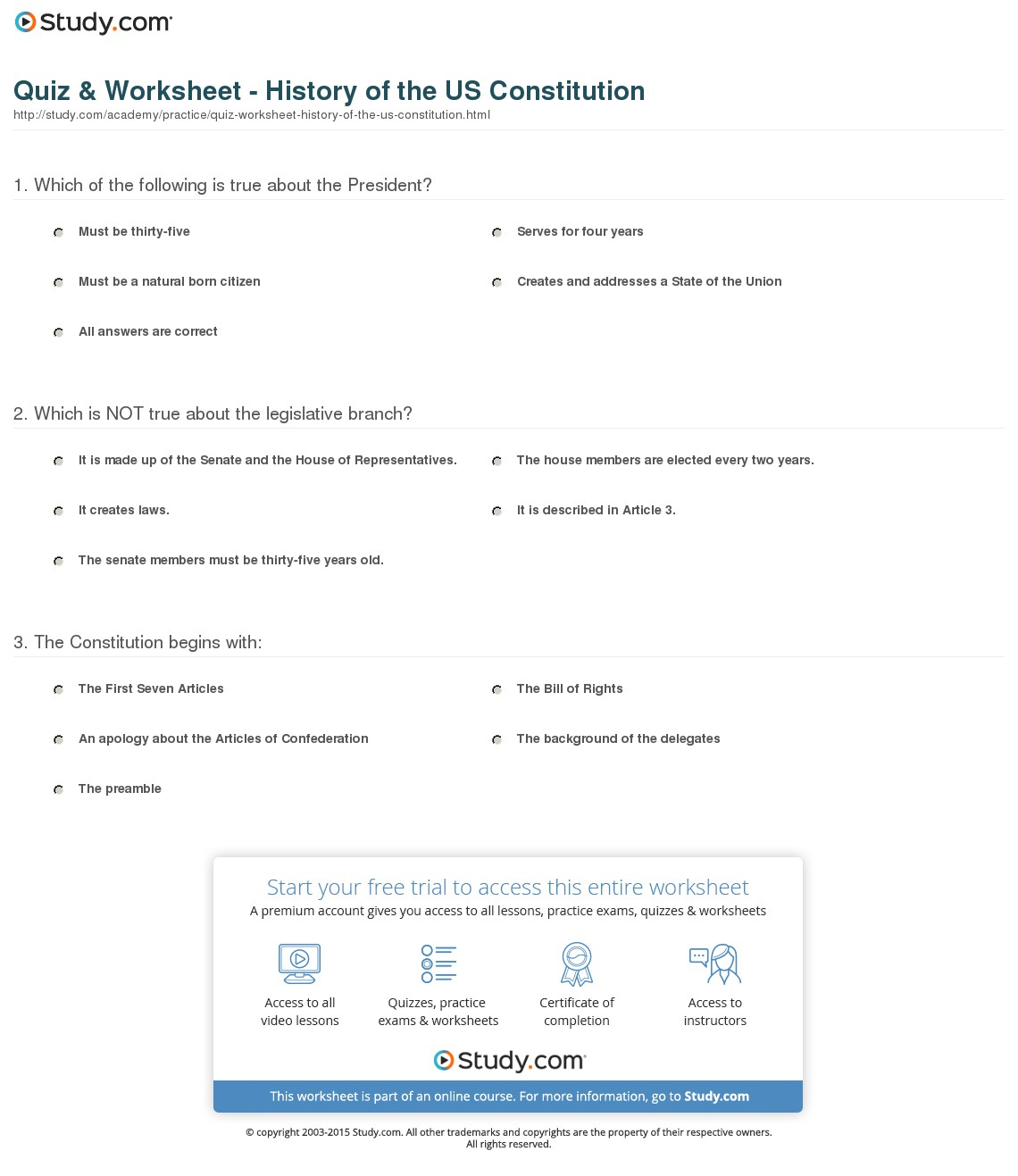 Quiz &amp;amp; Worksheet - History Of The Us Constitution | Study | Constitution Printable Worksheets