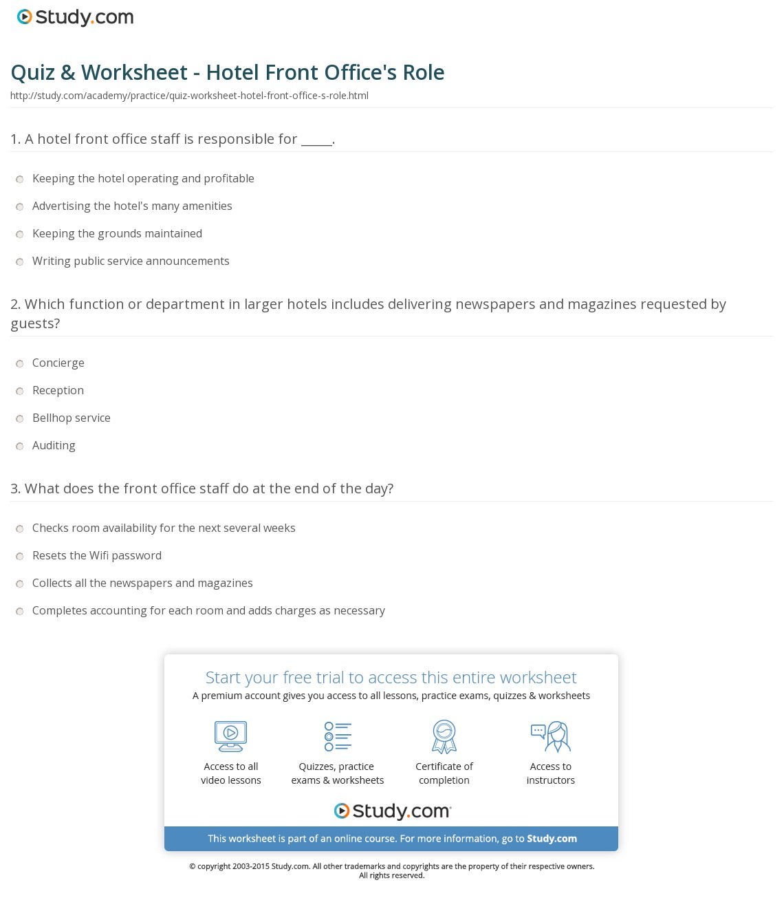 Quiz &amp;amp; Worksheet - Hotel Front Office&amp;#039;s Role | Study | Hospitality Worksheets Printable