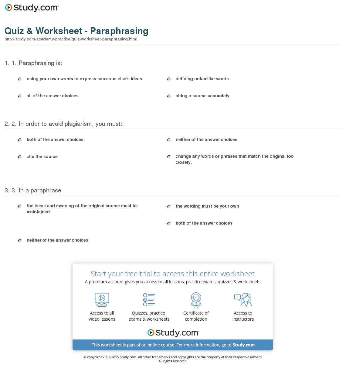 Quiz &amp;amp; Worksheet - Paraphrasing | Study | Printable Paraphrase Practice Worksheet