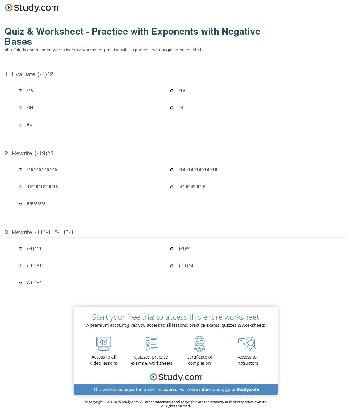Quiz &amp;amp; Worksheet - Practice With Exponents With Negative Bases | Negative Exponents Worksheets Printable