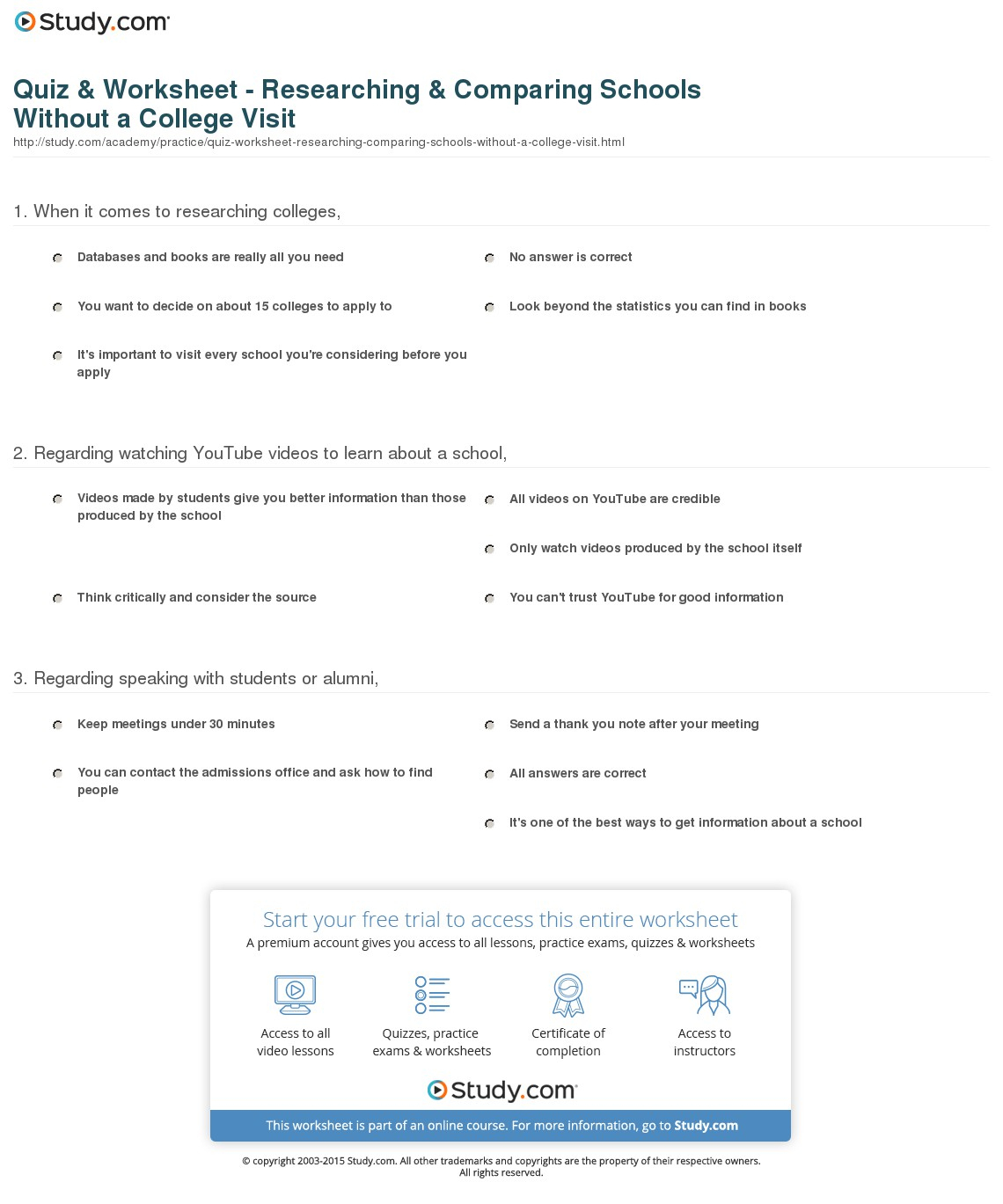 Quiz &amp;amp; Worksheet - Researching &amp;amp; Comparing Schools Without A College | Printable College Comparison Worksheet