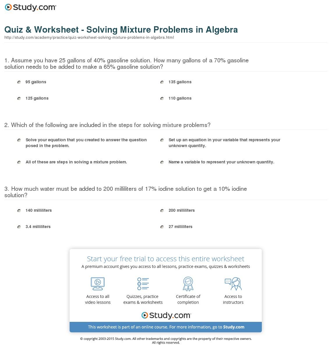 Quiz &amp;amp; Worksheet - Solving Mixture Problems In Algebra | Study | Free Printable Worksheets On Mixtures And Solutions