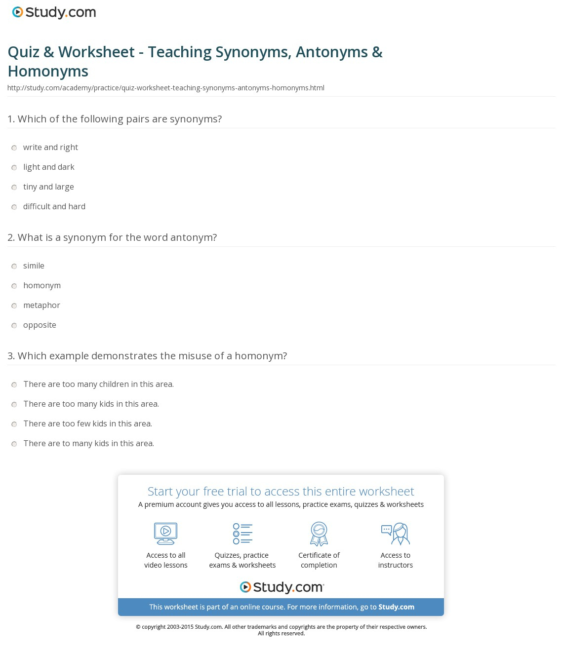 Quiz &amp;amp; Worksheet - Teaching Synonyms, Antonyms &amp;amp; Homonyms | Study | Free Printable Worksheets Synonyms Antonyms And Homonyms