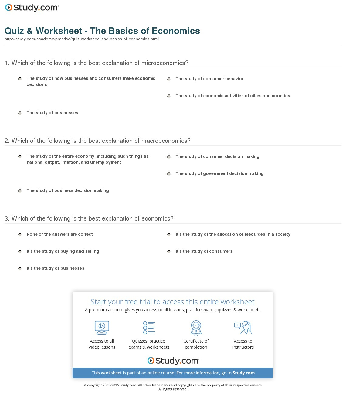 Quiz &amp;amp; Worksheet - The Basics Of Economics | Study | Free Printable Economics Worksheets