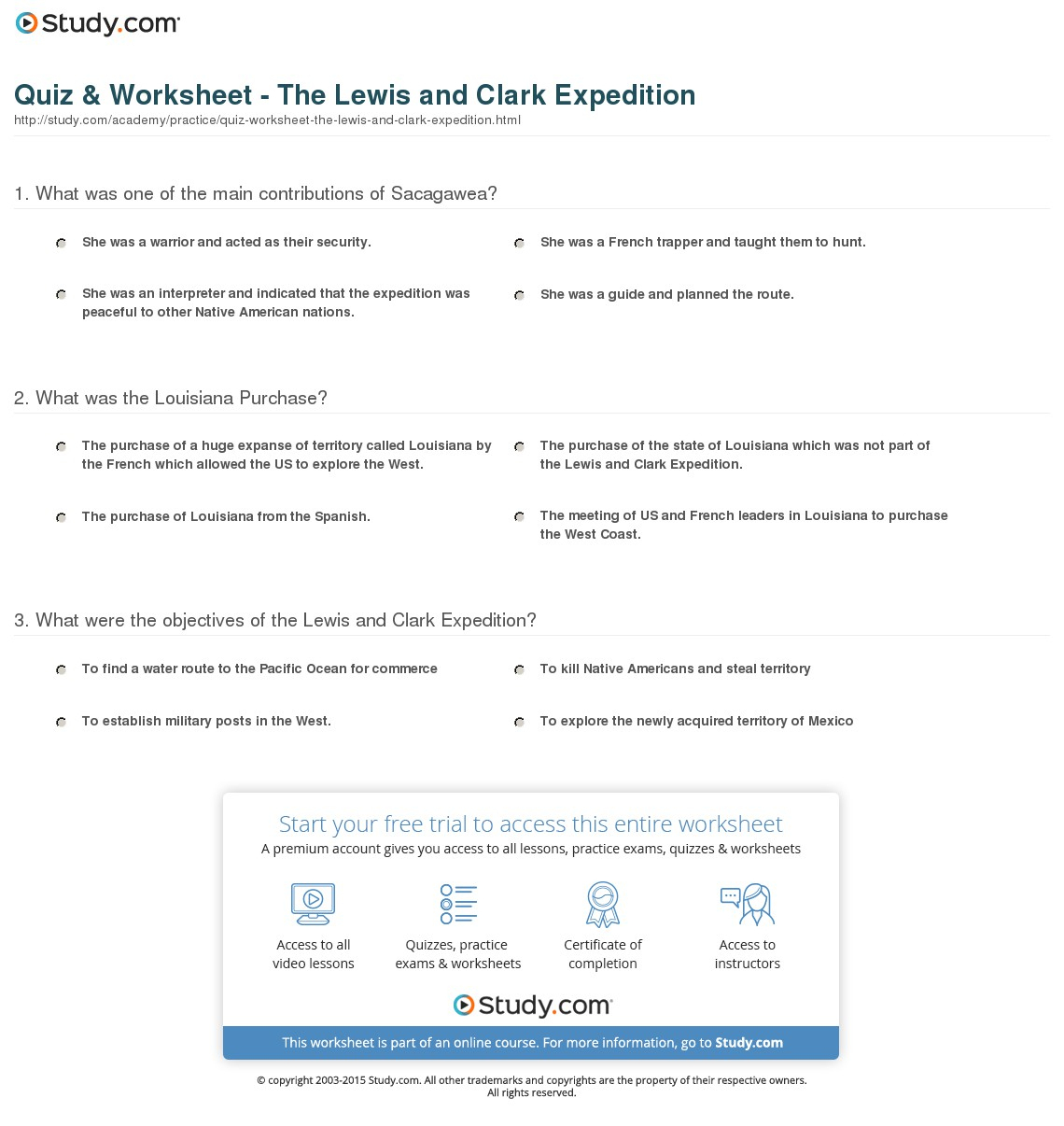 Quiz &amp;amp; Worksheet - The Lewis And Clark Expedition | Study | Lewis And Clark Printable Worksheets