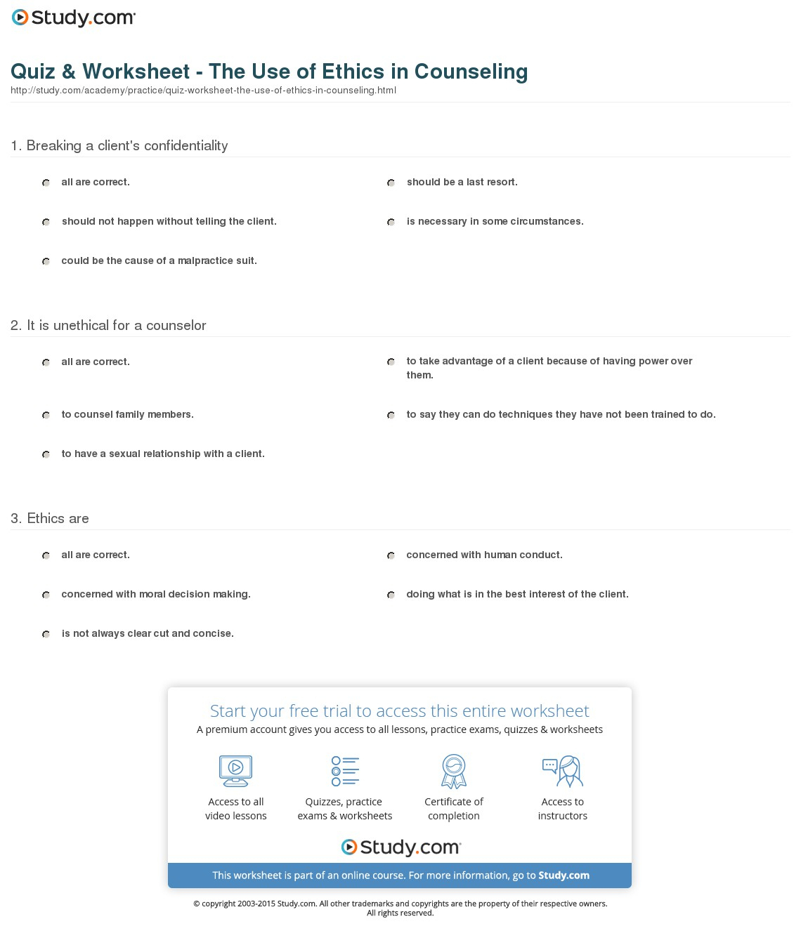Quiz &amp;amp; Worksheet - The Use Of Ethics In Counseling | Study | Printable Marriage Counseling Worksheets