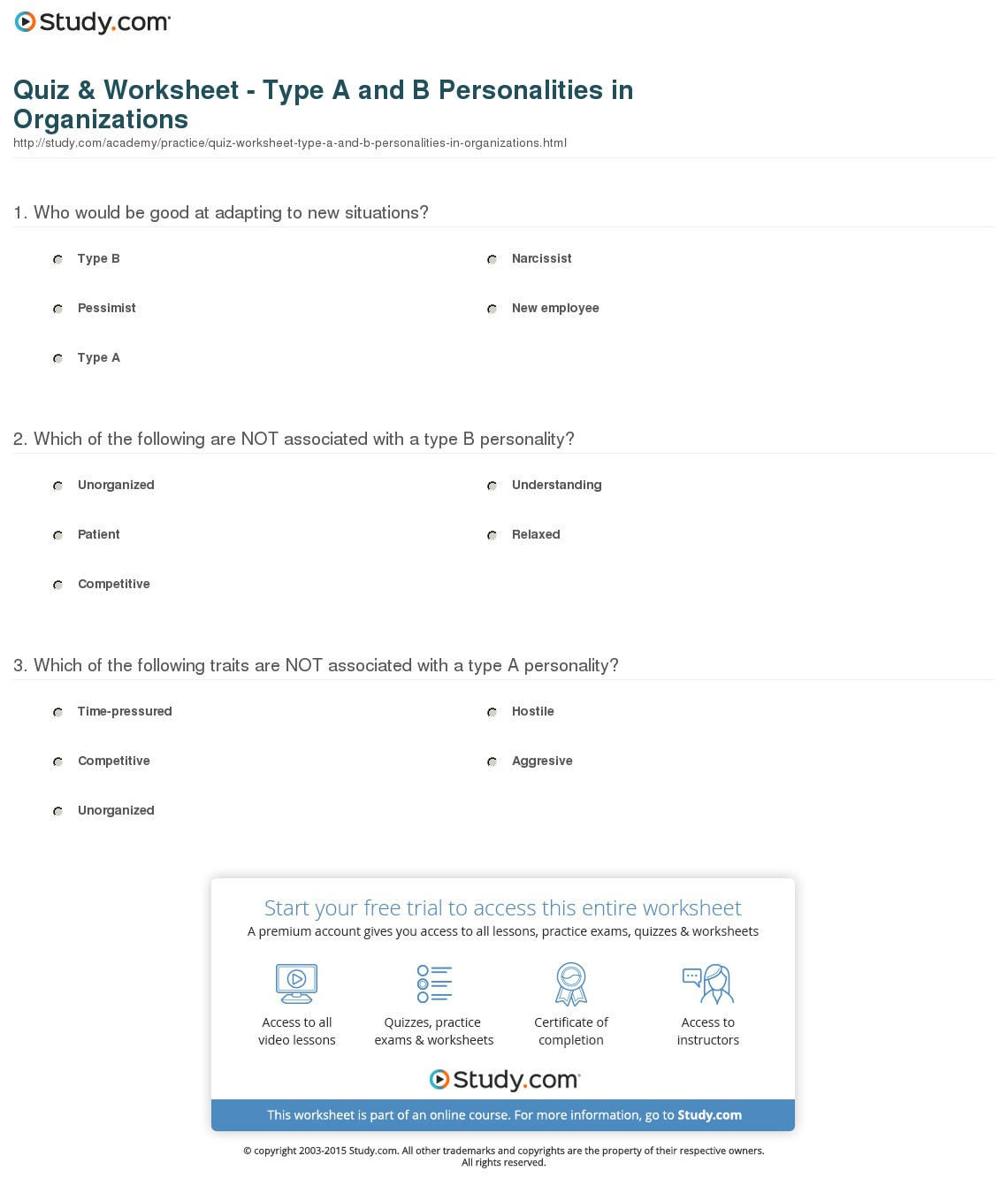 Quiz &amp;amp; Worksheet - Type A And B Personalities In Organizations | Personality Quiz Printable Worksheet