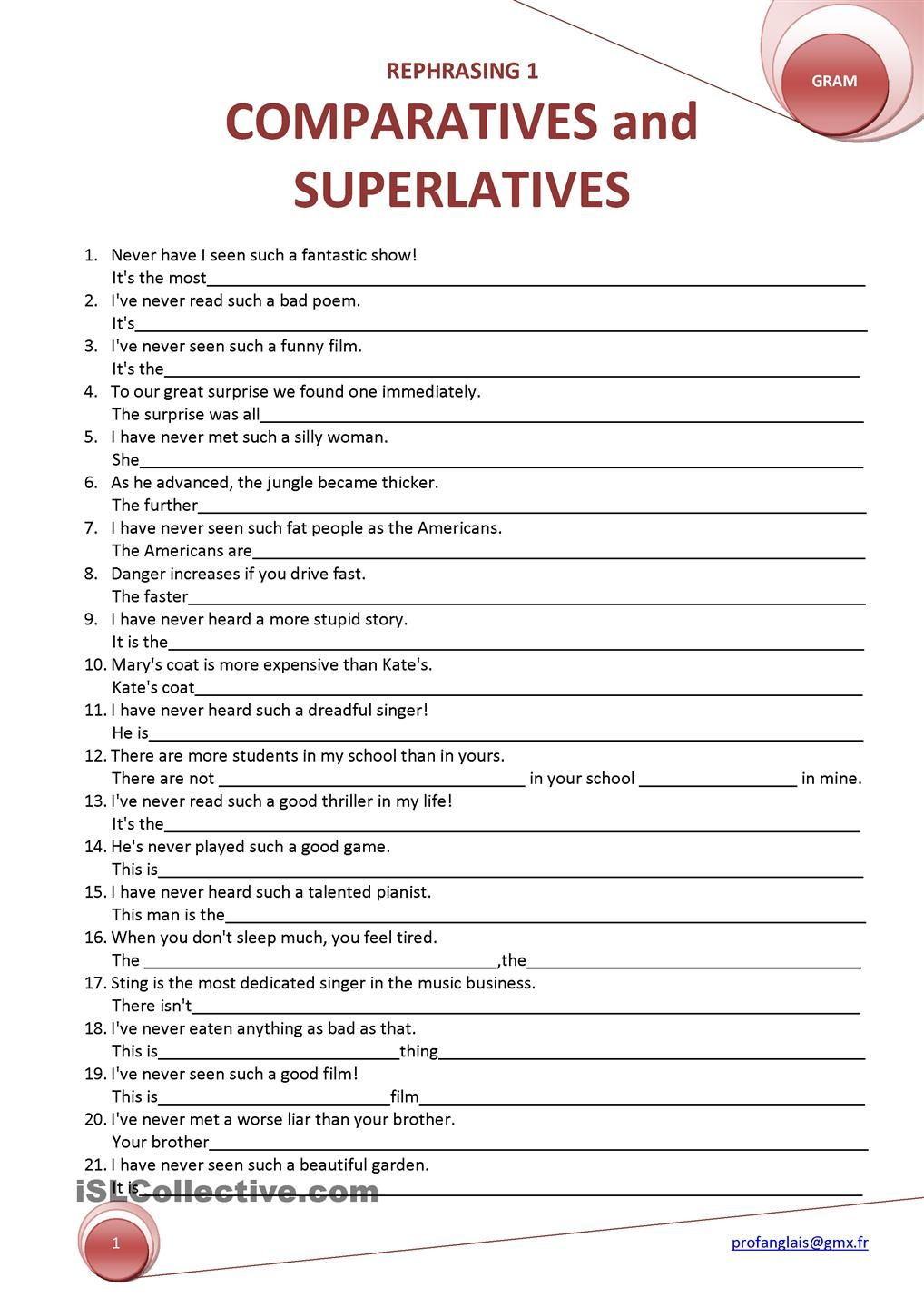 Rephrasing 1 Comparatives And Superlatives | School | English | Comparative Worksheets Printable