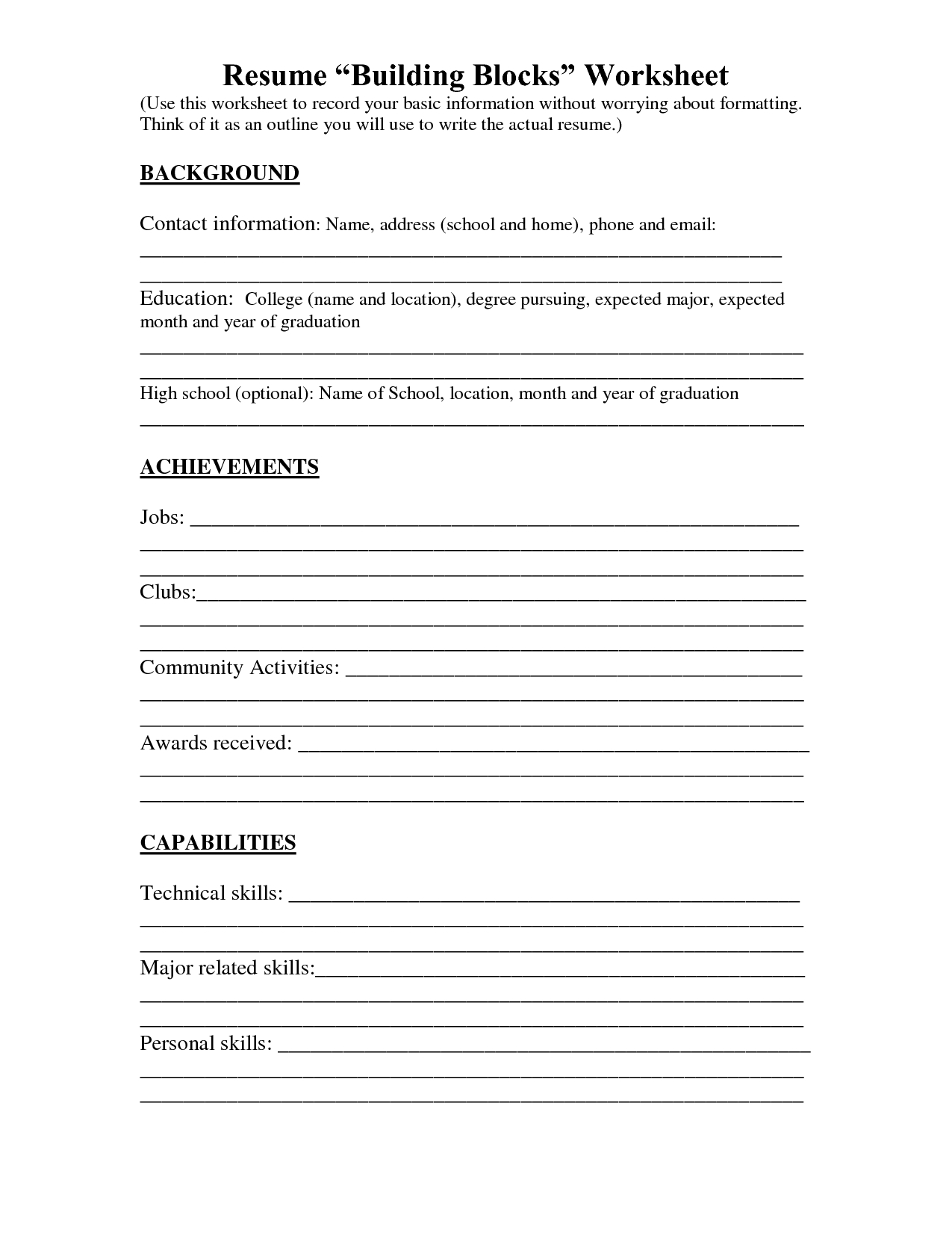 Resume Worksheet Printable And High School Builder Free Bulder Build | Printable Resume Builder Worksheet